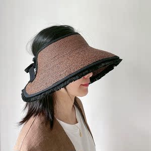 天然植物拉菲草大檐草编空顶帽女士夏季韩版潮露顶度假遮阳帽