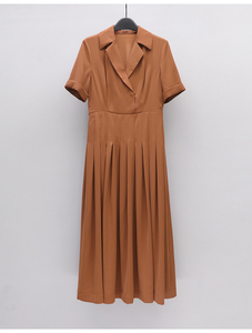 菲诺高端女装折扣专柜正品夏时尚大气西装领短袖百褶连衣裙长裙