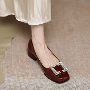 原野方头时尚方扣漆皮一脚蹬瓢鞋平底粗跟百搭单鞋子女春夏季新款