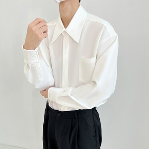 衬衫男士长袖高级设计垂坠感宽松痞帅气春秋夏季法式大领白色衬衣