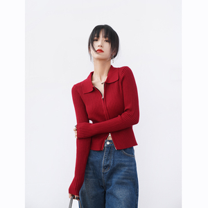 红色针织开衫女2022春秋韩版复古红色修身上衣半拉链毛衣短外套