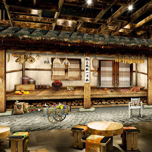 002人付款淘宝复古农村老旧房子土墙木门窗户背景墙纸怀旧农家乐餐厅