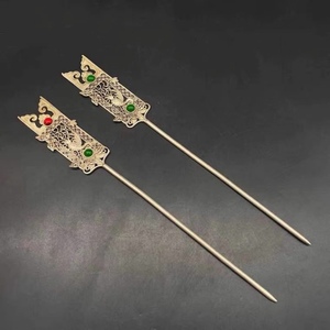 包邮杂项仿古发饰汉代民间首饰头饰苗银藏银发簪镶玛瑙镂空银簪子