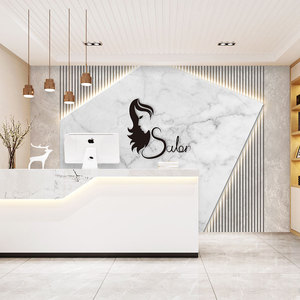 美发店前台背景墙纸发廊理发收银logo形象装饰网红大理石吧台壁纸