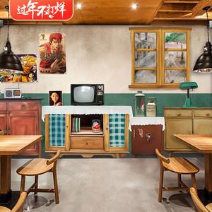 80年代怀旧墙布壁纸港风复古装饰烧烤店麻辣烫火锅店70后装修墙纸
