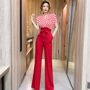 高级感连体裤女夏季薄款气质红色格子拼接假两件连体衣阔腿裤套装