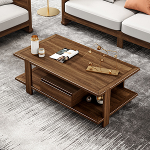 现代简约实木茶几黄金檀木客厅轻奢储物带抽屉茶几沙发组合新中式