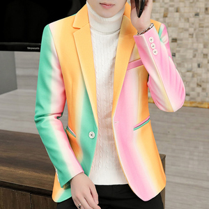 男士渐变彩色毛呢西服秋冬韩版潮流修身呢子西装帅气青年个性外套