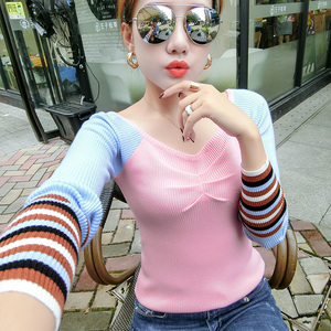 贴身毛衣2018新款长袖针织小衫女装丅土时尚秋衣v字领大领上衣服