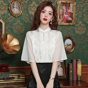 新中式国风白色立领衬衫女夏季汉元素改良汉服配马面裙的短袖上衣
