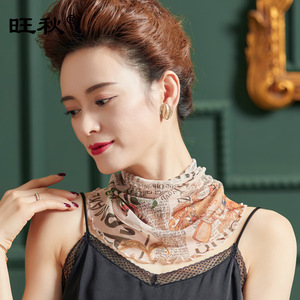 遮阳防晒100%桑蚕丝护颈围脖女春夏网纱真丝印花脖套丝巾假领子