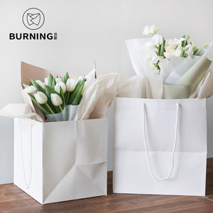 贝影 方形牛皮纸袋加长提手鲜花袋花盒收纳花束手提袋加厚5个装