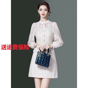 菲梦伊2021秋季新款洋气淑女小香风连衣裙女气质复古风拼接蕾丝裙