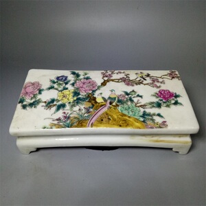 民国粉彩花鸟四方脉枕仿古瓷器古玩古董做旧老货精品收藏摆件