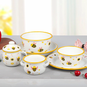 特厚珐琅搪瓷碗餐盘小红花汤碗饭碗小蜜蜂汤盘平盘儿童小碗大面碗