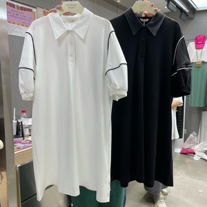 mocha泡泡袖撞色条polo领t恤裙2022夏季宽松休闲中长款连衣裙女