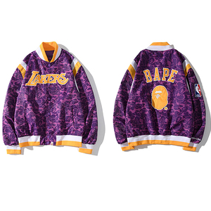 潮牌bape猿人迷彩鲨鱼飞行员夹克 nba湖人联名紫色棒球服立领外套