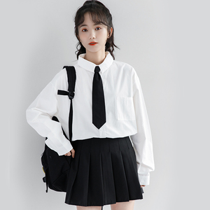 JK制服裙套装纯白色衬衫搭配黑色百褶裙配领带春秋款日系学院风女