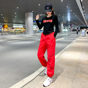 网红曳步舞套装女春秋季广场舞服装新款上衣潮牌红色运动裤两件套