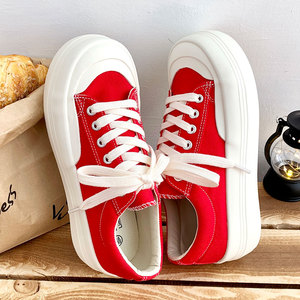 日系厚底红色大头帆布鞋女2022年夏季薄款透气百搭增高糖果色板鞋