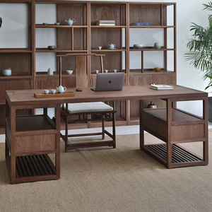 新中式办公桌现代简约老板桌胡桃木办公台中式实木办公家具定制