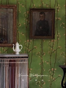 绿色油画花卉壁纸法式复古墙纸卧室客厅墙布电视背景餐厅民宿壁画