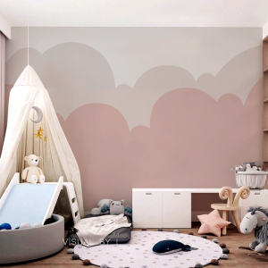 现代简约粉色云朵儿童房卧室手绘卡通背景男孩女孩房装饰墙布
