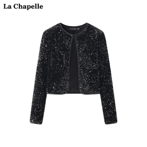 拉夏贝尔/La Chapelle圆领垫肩钩扣丝绒亮片开衫短款小外套女春季