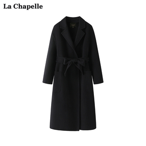 拉夏贝尔/La Chapelle黑色翻领腰带高级感通勤双面毛呢大衣外套女