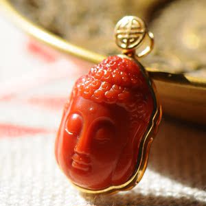 18k金花丝镶嵌苏工精品天然纯色瓦西料南红玛瑙雕刻如来佛头吊坠