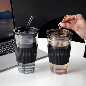 ins玻璃吸管杯高颜值随行杯办公室咖啡杯带盖便携式果汁杯饮料杯