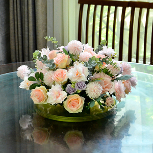 酒店大圆桌摆花花艺饭店圆形餐桌桌花转盘中间装饰假花会议桌面花