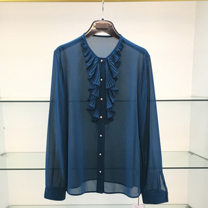 2021年哥弟新特官方旗舰店女装新款百搭时尚荷叶圆领雪纺长袖衬衫