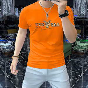 迈耐克斯文轻奢高端夏季新款橙色短袖t恤男士圆领衫舒适透气丝光