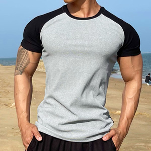 夏季男士健身服肌肉运动T恤半紧身拼接插肩短袖跑步弹力篮球上衣