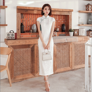 长旗袍日常斜襟纯色太湖美人侧开叉月牙袖