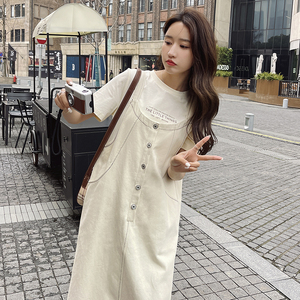 白色工装背带裙连衣裙套装女2024夏季新款韩版宽松休闲T恤两件套