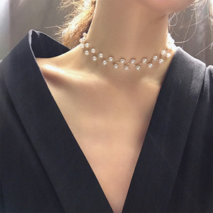 韩国ins新款网红项链女夏季小众锁骨链珍珠简约项圈短款颈带脖链