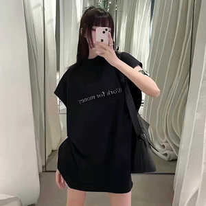 美式黑色字母蝙蝠袖短袖t恤女2024夏新款韩版中长款宽松潮牌上衣