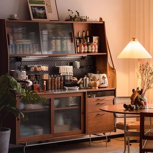 复古实木岩板餐边柜靠墙一体厨房储物柜双层简约咖啡柜茶水柜高柜