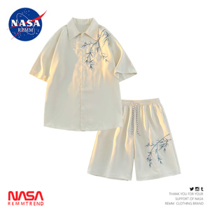NASA联名潮牌国风竹子刺绣短袖衬衫男夏季新款宽松新中式休闲套装