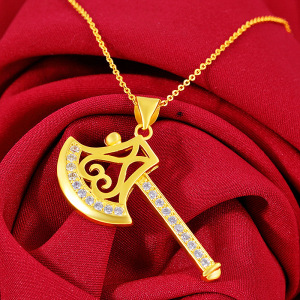 越南沙金老金古法金18k小斧吊坠女 微镶钻项链