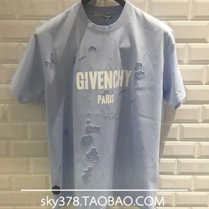 现货givenchy/纪梵希 18ss 浅蓝色 天蓝色 蓝色 大破洞短袖t恤