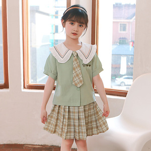 大童女童学院风套装短袖夏装童装洋气儿童海军领衬衫jk格子百褶裙