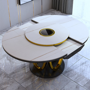 轻奢岩板多功能带转盘伸缩旋转家用餐桌简约后现代圆桌餐桌椅组合