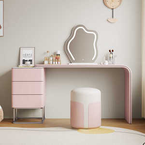 轻奢实木梳妆台收纳柜意式极简现代简约奶油风浅粉色化妆台可伸缩