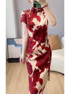 TAAHEE&复古 古典优雅 气质红色印花修身显瘦改良式旗袍裙连衣裙