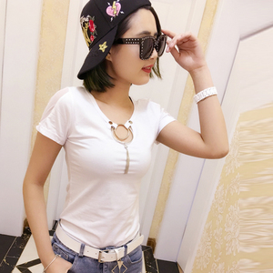 夏季新款前胸镂空打底衫绣花性感美背上衣短袖t恤女装修身小衫潮
