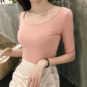 韩版大圆领低胸性感漏锁骨上衣女藕粉色紧身显瘦芭蕾五分中袖t恤