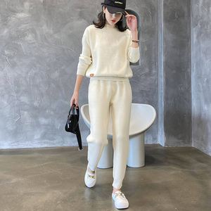 白色双面羊绒运动服套装女名牌欧货休闲时尚羊毛针织两件套冬季